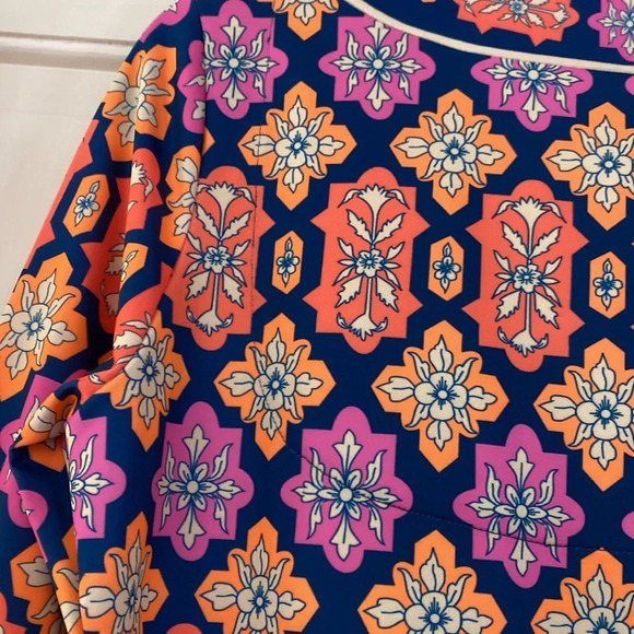 Gretchen‎ Scott Split Neck Dress Haveli New Size XS Navy Orange Pink Printed - Picture 10 of 10